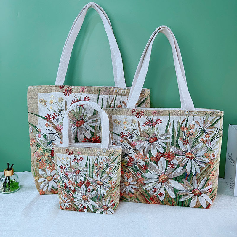 double sided gold jacquard embroidered canvas handbag shoulder bag leisure literature and art students commuting bag. double sided gold jacquard embroidered canvas handbag shoulder bag leisure literature and art students commuting bag.