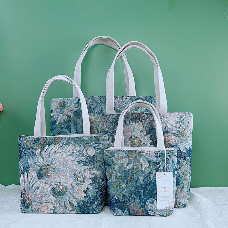 double sided gold jacquard embroidered canvas handbag shoulder bag leisure literature and art students commuting bag. double sided gold jacquard embroidered canvas handbag shoulder bag leisure literature and art students commuting bag.